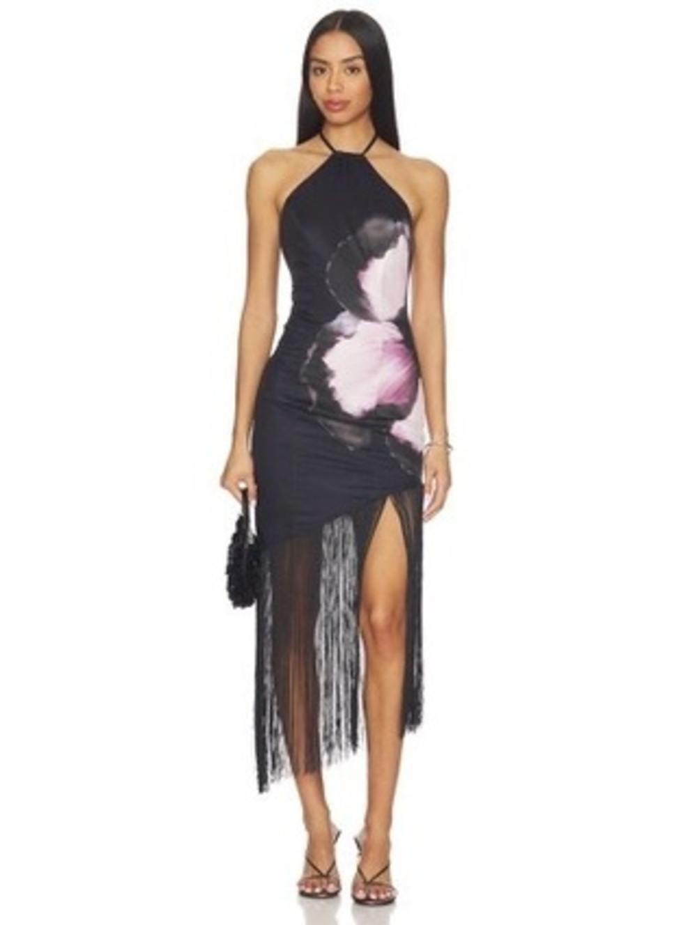 Backless Halter Fringe Midi Dress with Pink Floral Detail